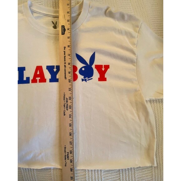 Playboy crop top white red & blue Y2K workout cutoff t-shirt size LARGE NWOT - Picture 6 of 8